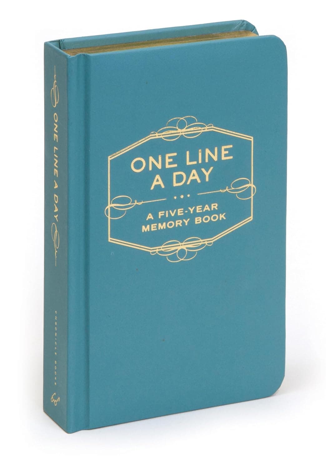 A blue hardcover book titled One Line a Day: A Five-Year Memory Book with gold embossed text on the front. The book features decorative elements and an elegant design. The spine includes the title and decorative motifs.