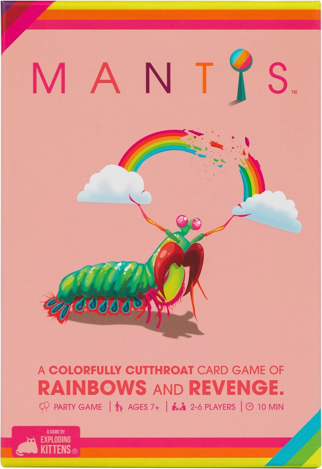 Colorful card game box titled Mantis featuring a vibrant illustration of a mantis with a rainbow and clouds. Text below reads A Colorfully Cutthroat Card Game of Rainbows and Revenge, suitable for ages 7+ and 2-6 players.