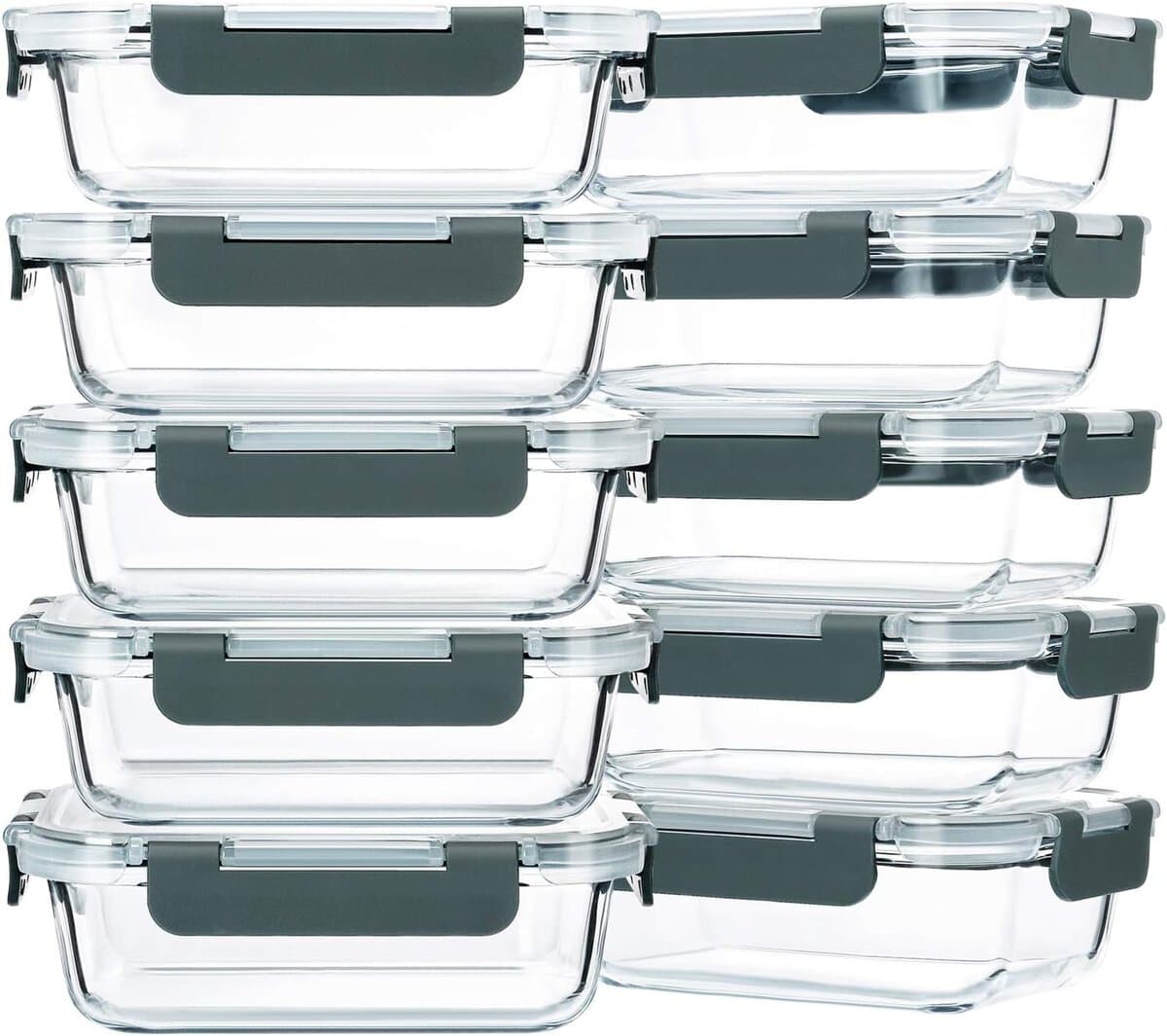 Stack of nine clear glass food storage containers with gray lids, neatly organized in three columns.