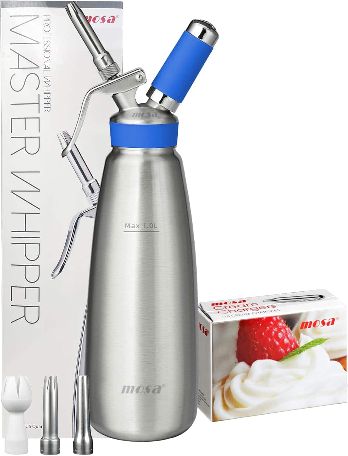 Image of a stainless steel cream whipper with a blue cap and nozzle, alongside a box labeled Mosa Master Whipper and a small box with an image of whipped cream topped with a strawberry. Three decorator tips are also shown.