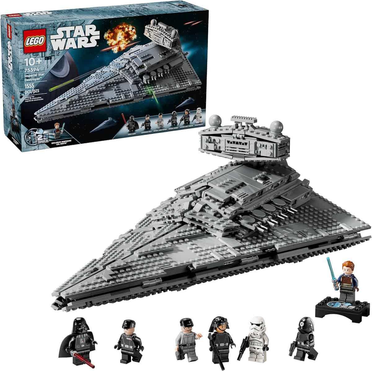 LEGO Star Wars Imperial Star Destroyer set featuring a large model with intricate details. Includes several mini-figures, including characters with lightsabers and blasters. The packaging is displayed in the background.