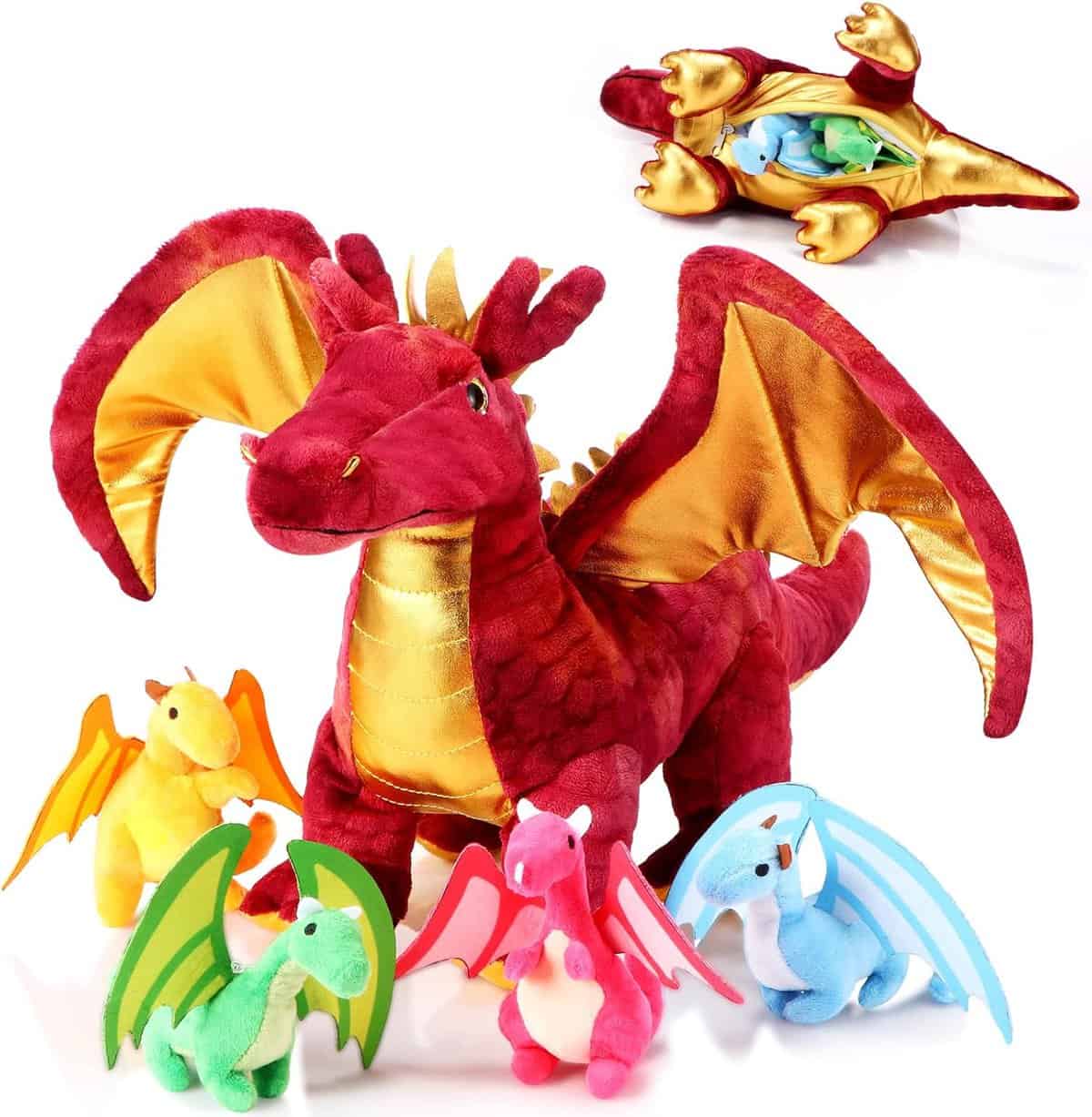 A large red plush dragon with golden wings, opened to reveal smaller plush dragons inside, in yellow, green, pink, and blue colors, arranged in front. A playful and colorful toy set for imaginative play.