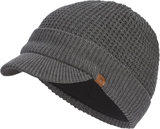 A gray knit cap featuring a waffle texture on top and ribbed detailing on the brim and edge. The cap has a small, round brown tag with a logo on the side.