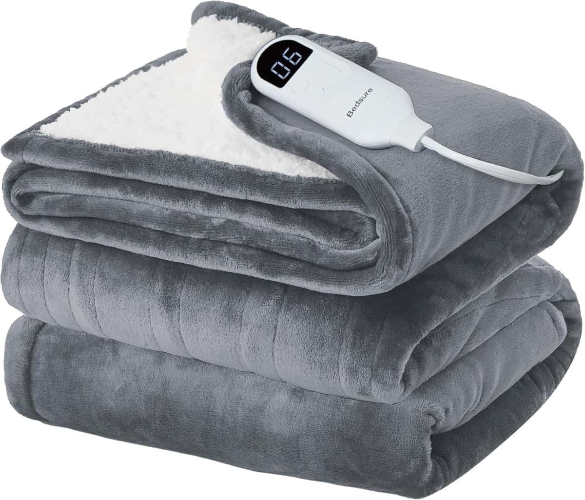 A folded gray electric blanket with a soft, white fleece interior. A digital controller displaying 06 is attached to the blanket via a cord, showing temperature or settings.