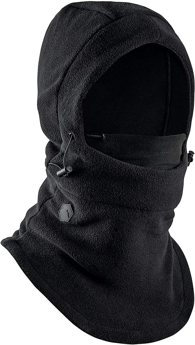 A black balaclava with a fleece texture, featuring an adjustable hood and face covering. It has a hexagonal badge on the side and appears warm and suitable for cold weather activities.