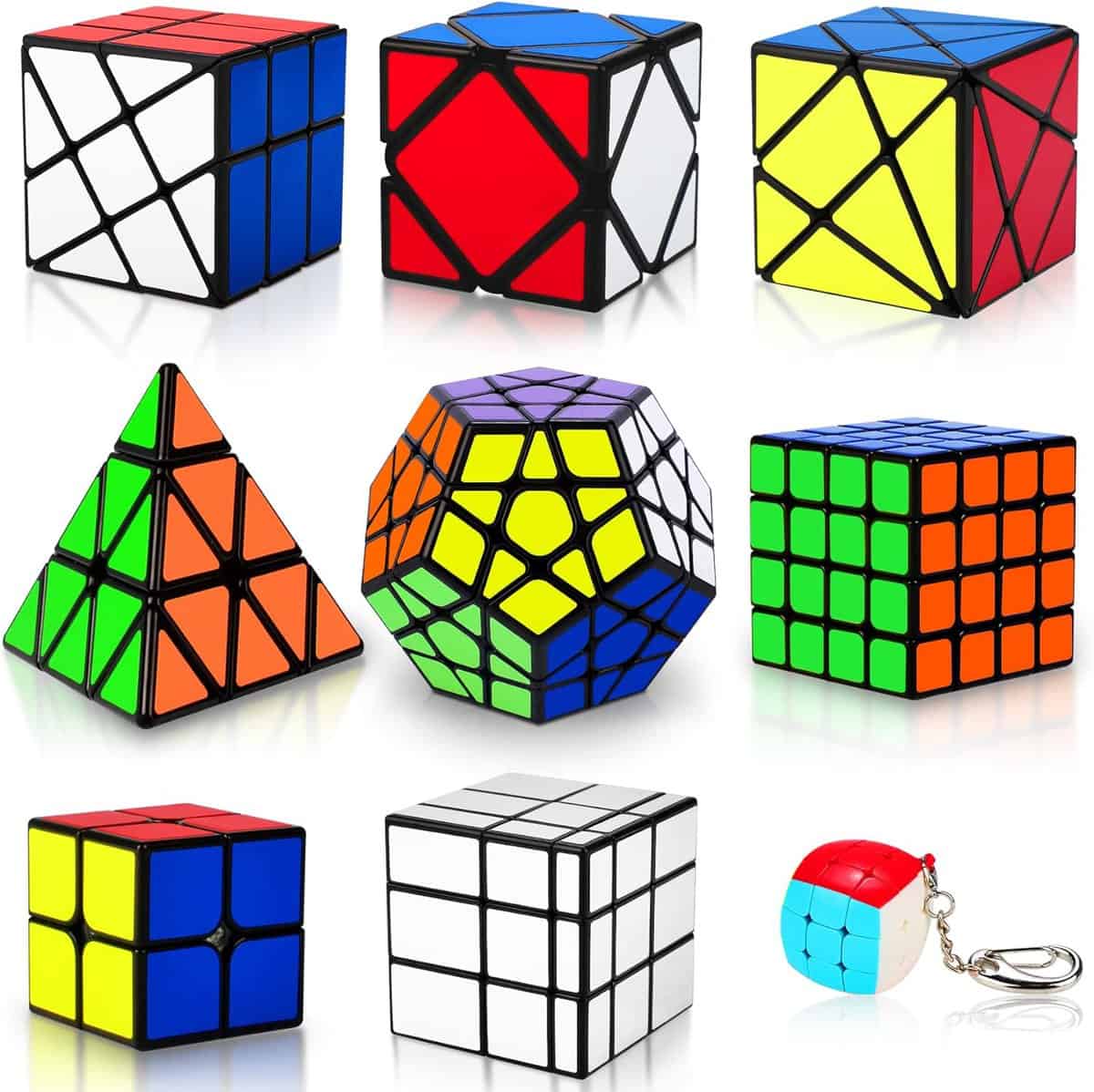 A collection of different 3D puzzles, including various Rubiks cubes, a pyramid-shaped puzzle, and a keychain cube. Each puzzle displays multiple colors and unique patterns, featuring both traditional and novel designs.