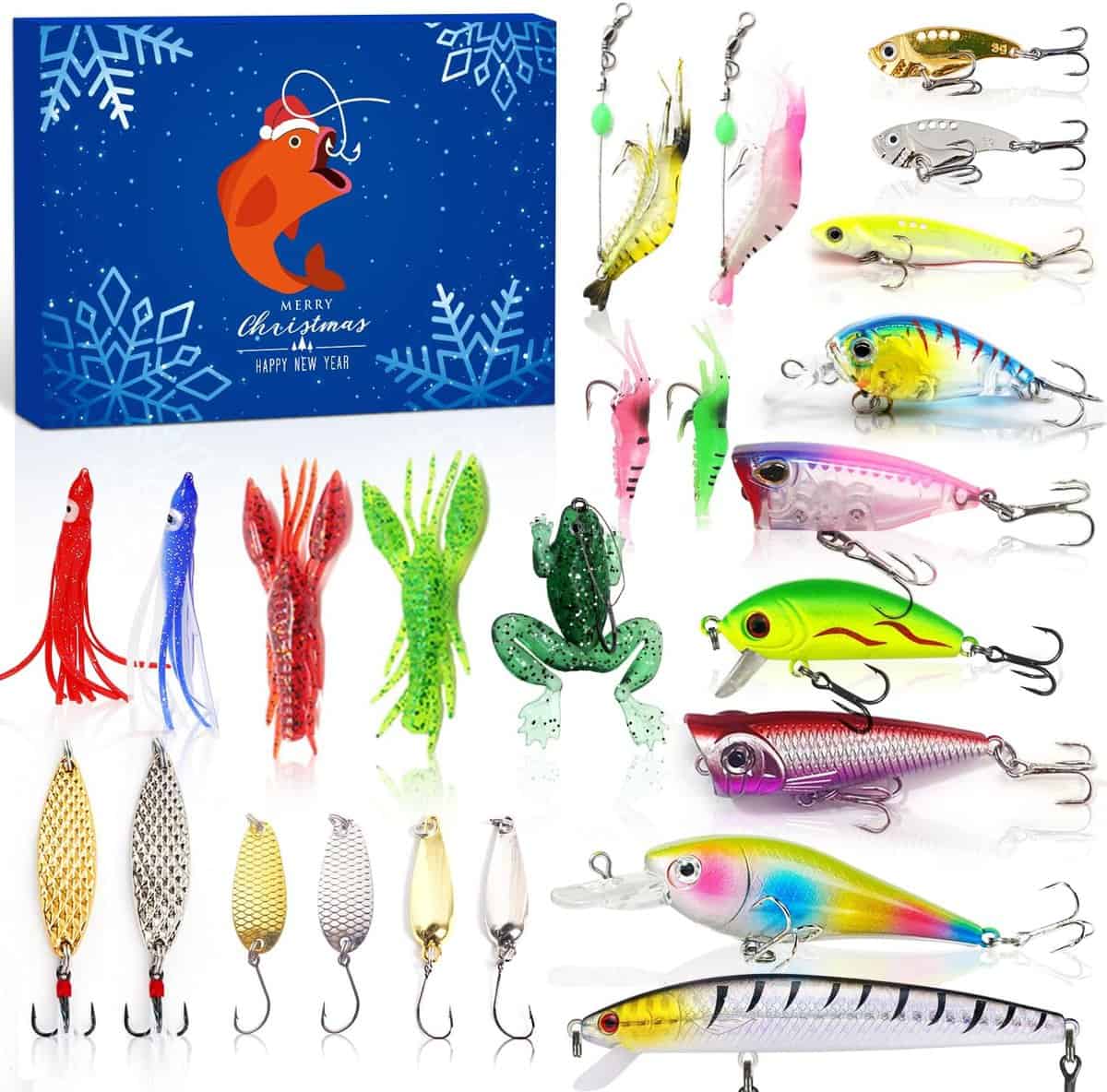 An assortment of colorful fishing lures and baits displayed alongside a blue box with a festive fish design, snowflakes, and the message Merry Christmas Happy New Year.