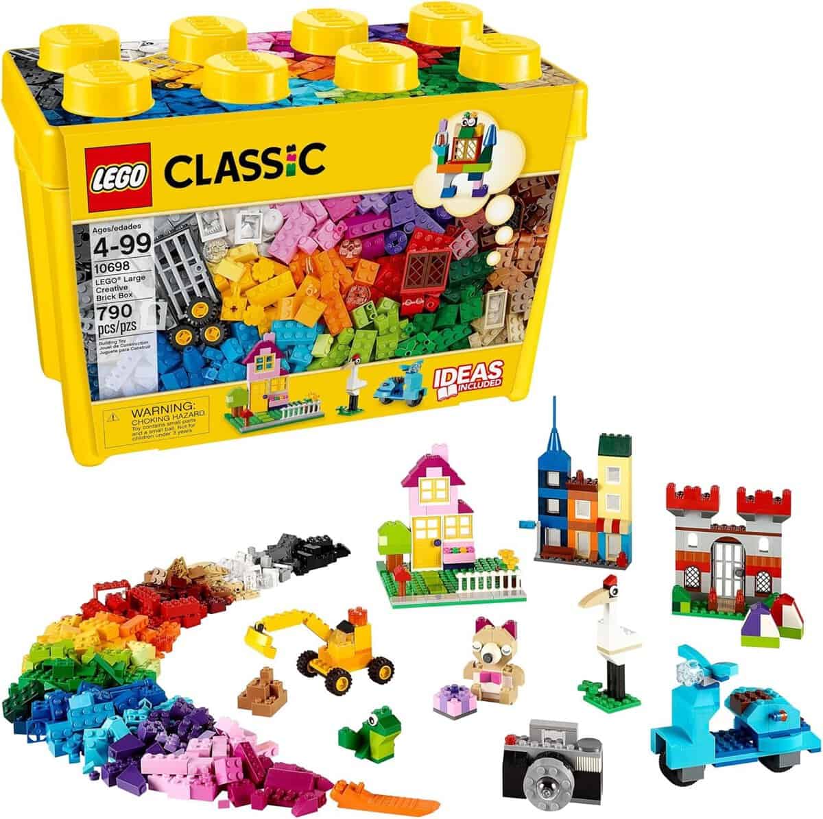 A yellow LEGO Classic box contains various colorful bricks and pieces. In front, several small, assembled models are displayed, including buildings, a scooter, a bird, and animals, showcasing creative possibilities.