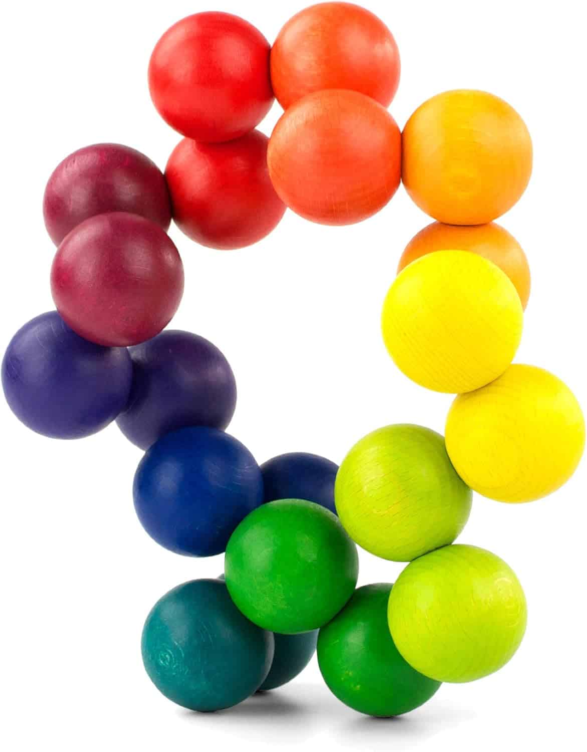 A flexible bracelet constructed of large, colorful wooden beads arranged in a circular shape. The beads are painted in gradient hues, creating a rainbow effect that transitions from red to purple, forming an eye-catching and playful design.