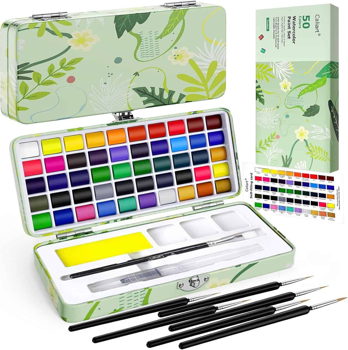 A watercolor paint set featuring 50 vibrant colors in a green tin box with floral designs. The set includes brushes, a water pen, a color chart, and a sponge. The box and packaging have matching botanical patterns.