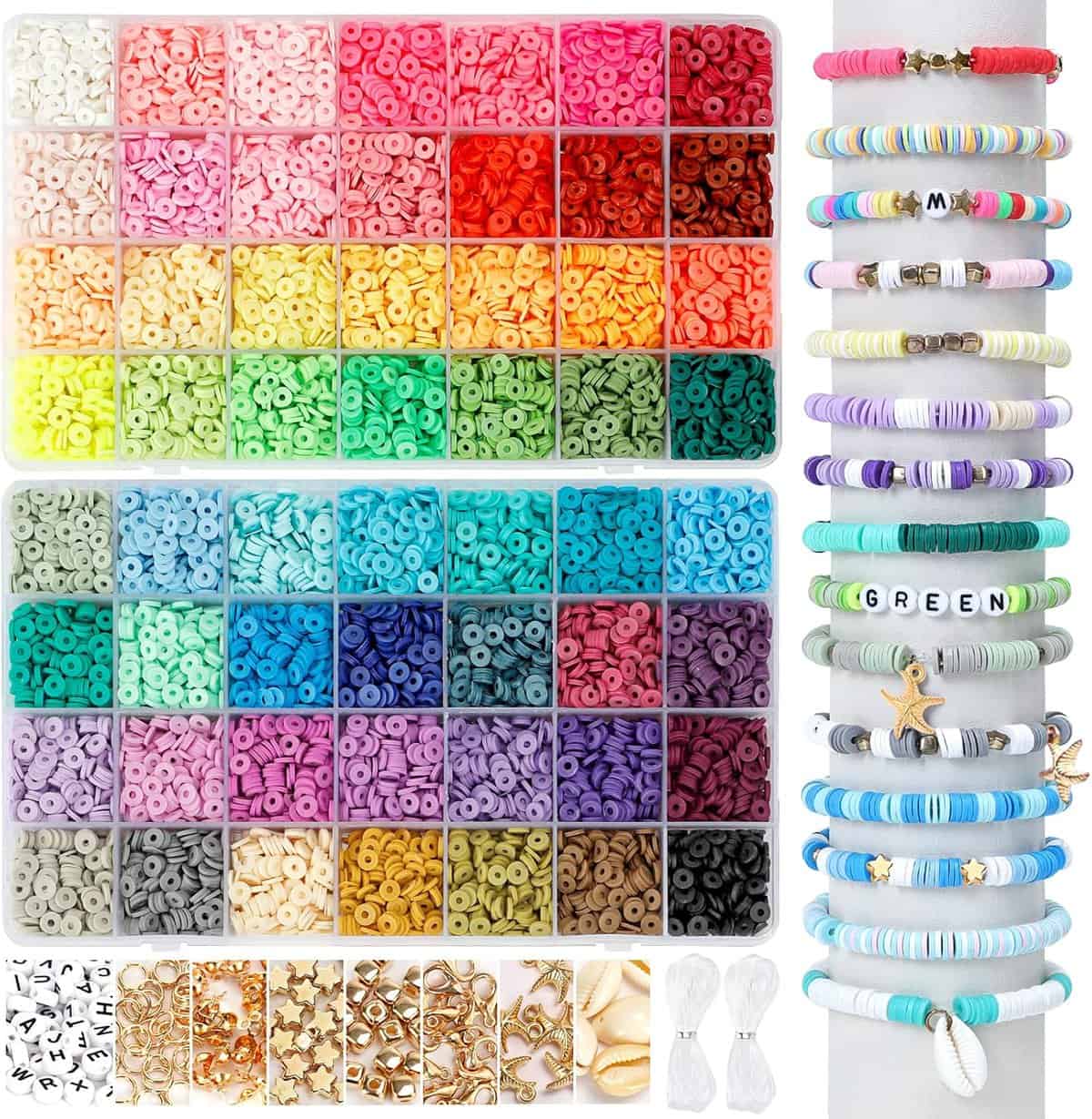 A colorful collection of small, round beads in various shades organized in bins, alongside a display of bracelets featuring the beads. There are also letter beads, gold charms, and white cords included.