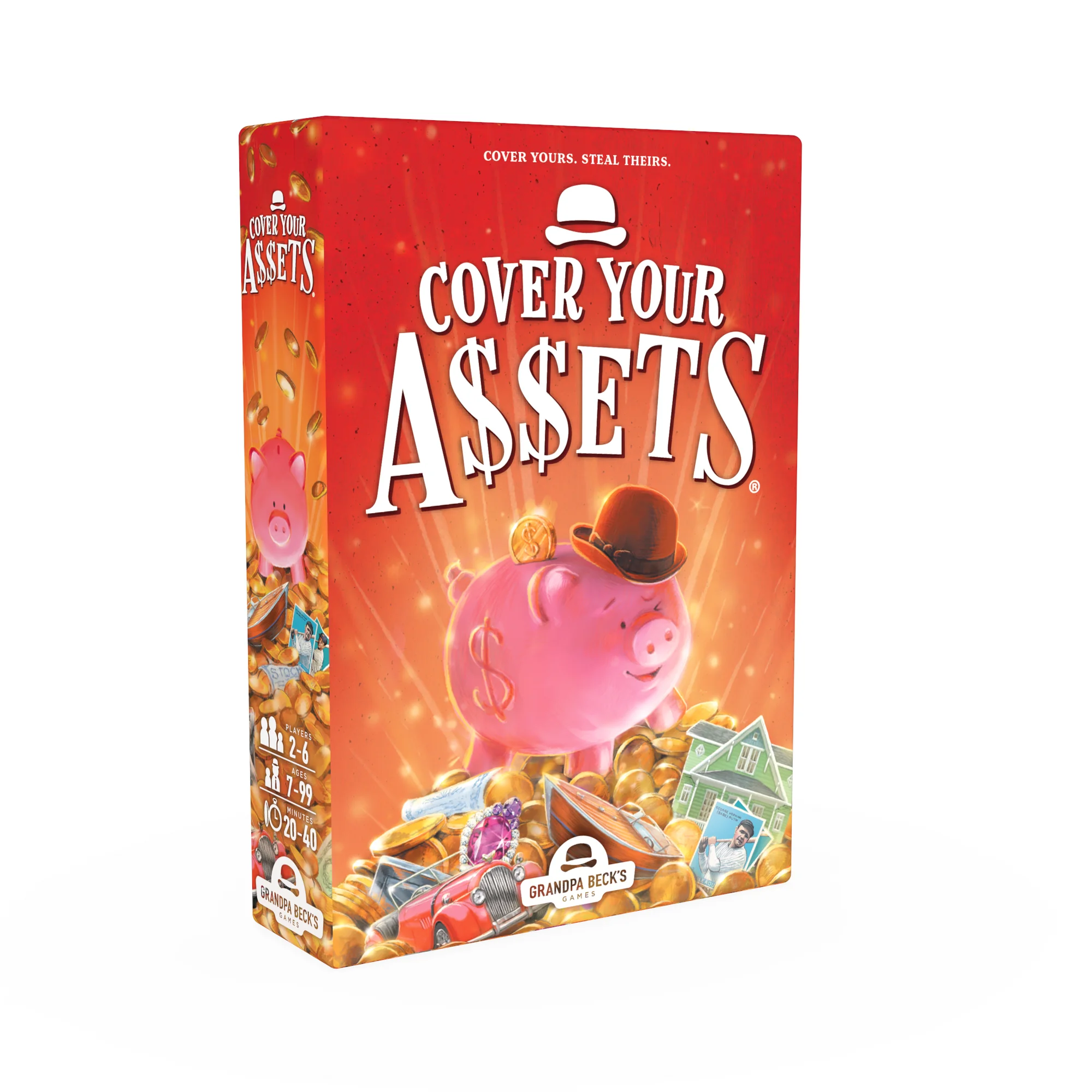 Board game box featuring a pink piggy bank with a monocle and top hat. The title Cover Your Assets is prominently displayed. The background is filled with gold coins and jewelry, creating a lively and fun ambiance.