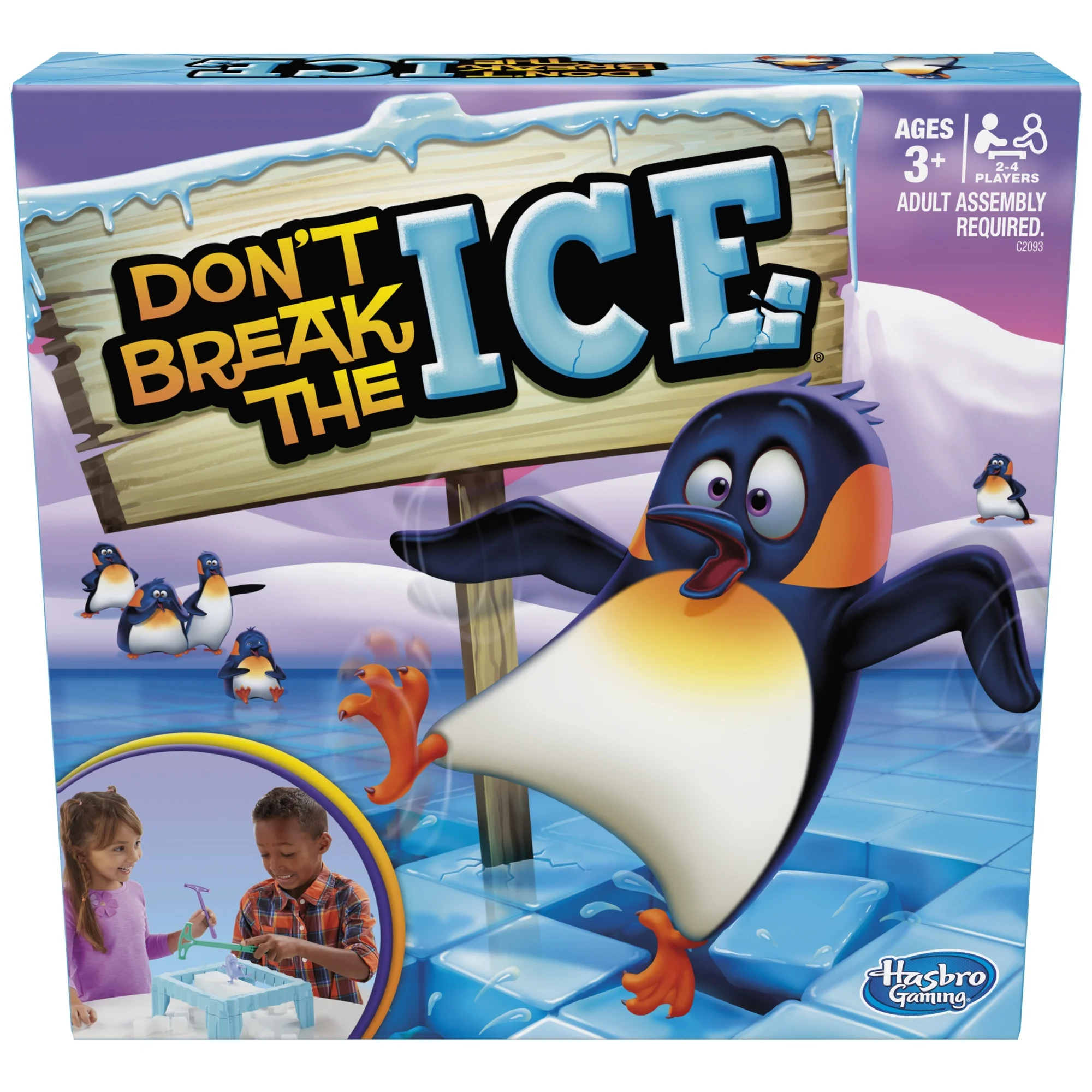 A colorful board game box with a cartoon penguin on ice. The title Dont Break the Ice is prominently displayed. Two children are pictured below playing the game. Suitable for ages 3+ with adult assembly required.