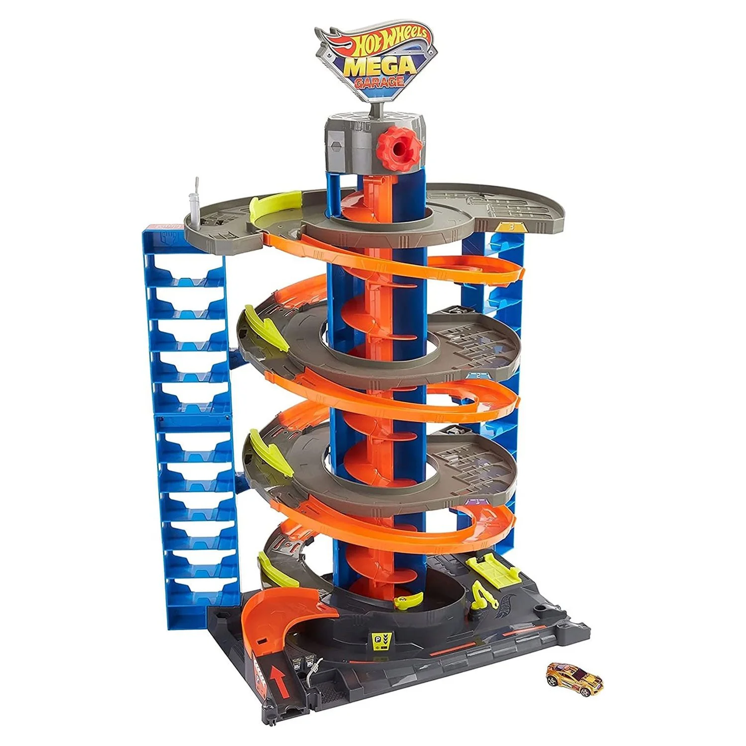 A multi-level Hot Wheels Mega Garage playset with blue and orange spiral ramps and a small toy car at the bottom.