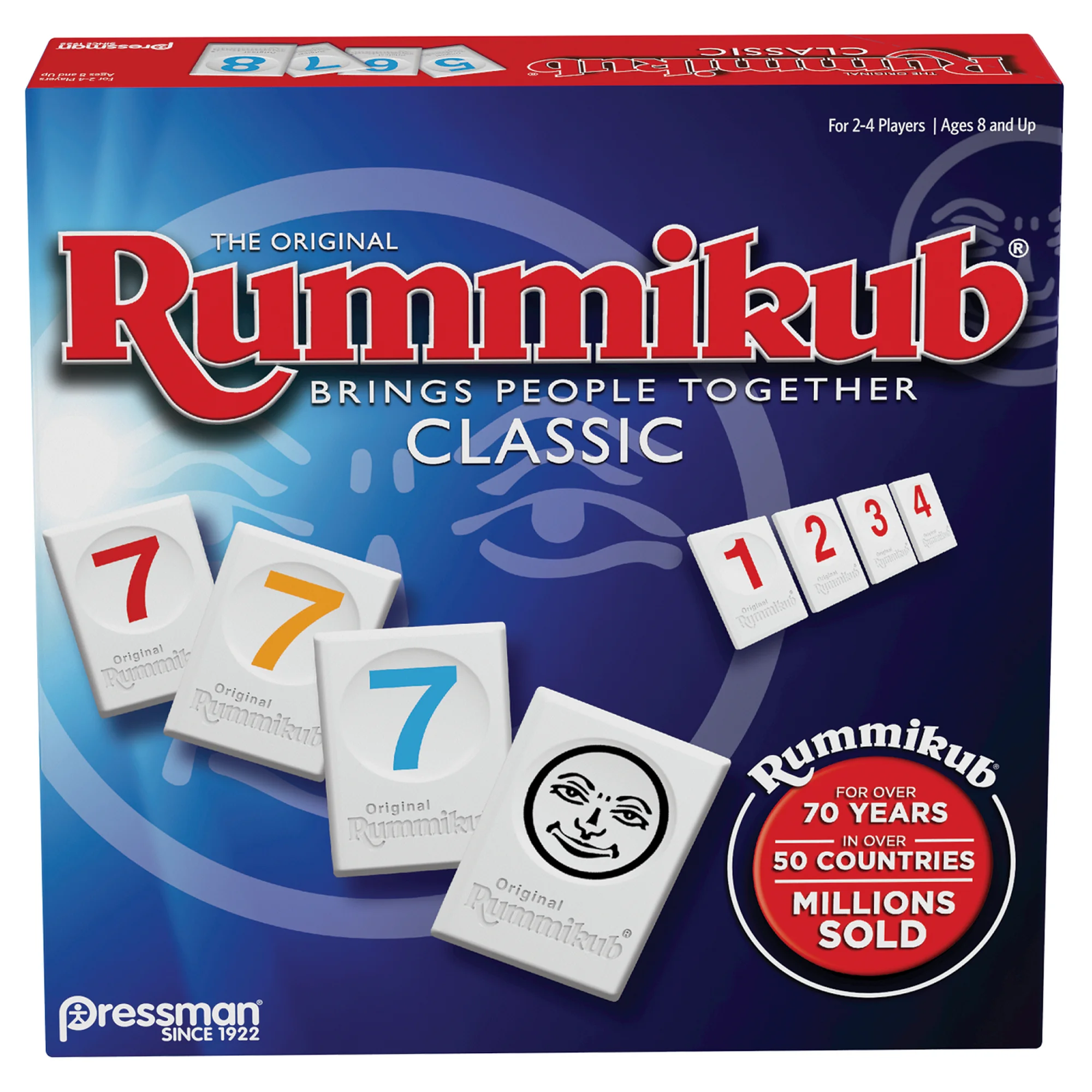 Image of a Rummikub Classic game box. The design includes large red text that says Rummikub, with phrases like Brings People Together and Classic. It also highlights For 2-4 Players, Ages 8 and Up, and Over 70 Years with Millions Sold.