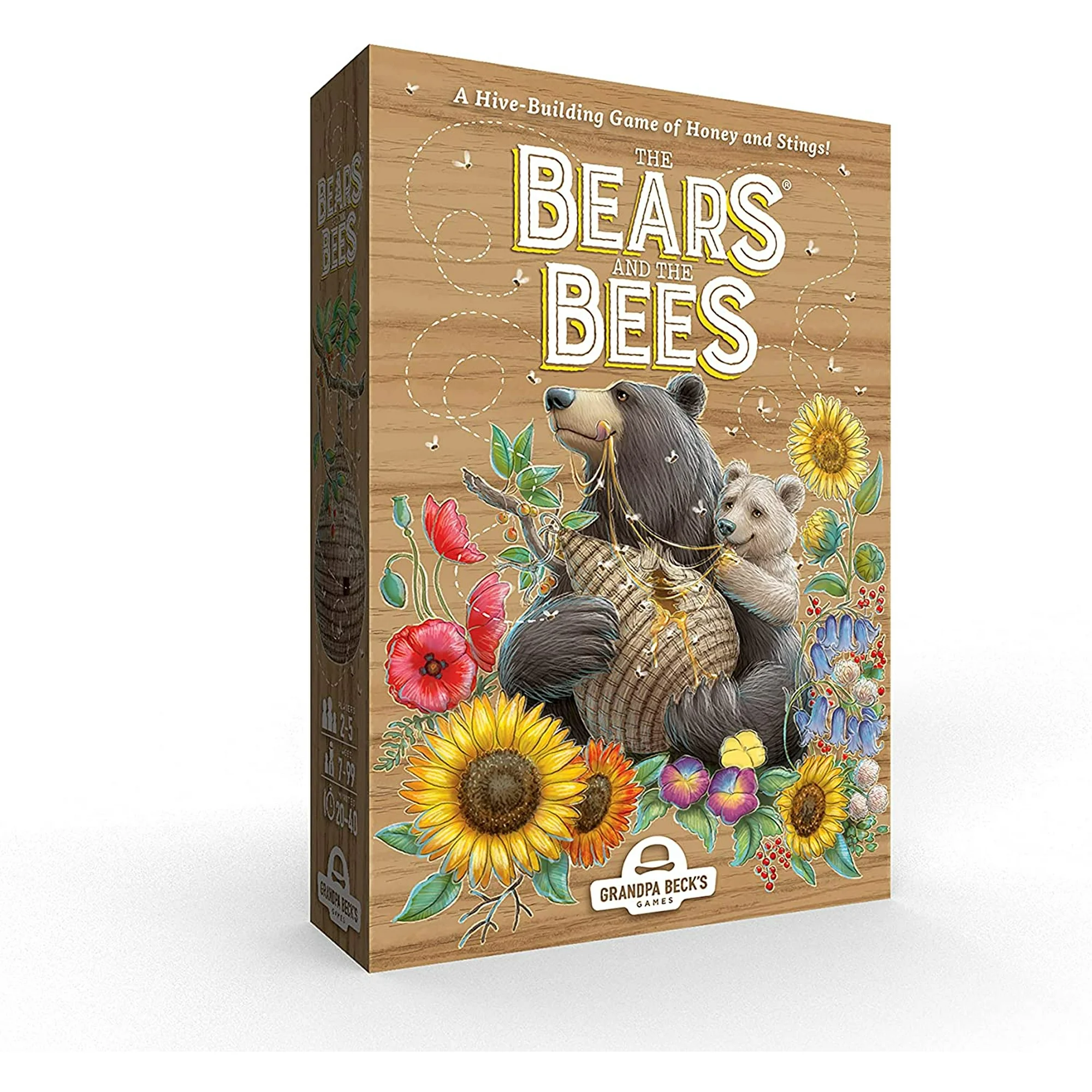 The image shows a board game box titled The Bears and the Bees with artwork of a bear holding a hive surrounded by colorful flowers. A smaller bear clings to its back. Its described as a hive-building game by Grandpa Becks Games.