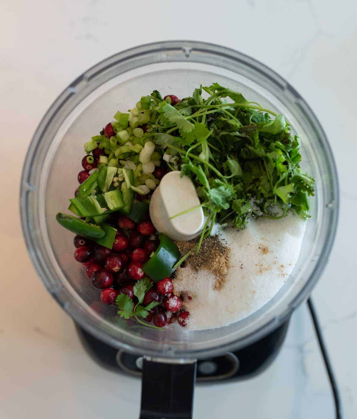 Top view of a food processor containing chopped green chilies, pomegranate seeds, cilantro, and spices on a white countertop.