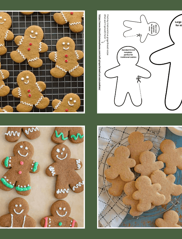 A collage featuring gingerbread man cookie templates: smiling decorated cookies on a cooling rack, outlined shapes ready for baking, a plate filled with classic gingerbread cookies, and cookies with colorful icing outfits and accessories.