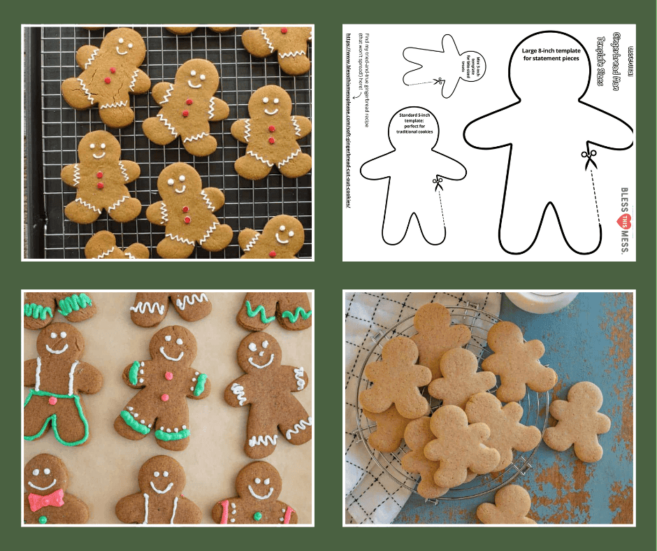 A collage featuring gingerbread man cookie templates: smiling decorated cookies on a cooling rack, outlined shapes ready for baking, a plate filled with classic gingerbread cookies, and cookies with colorful icing outfits and accessories.