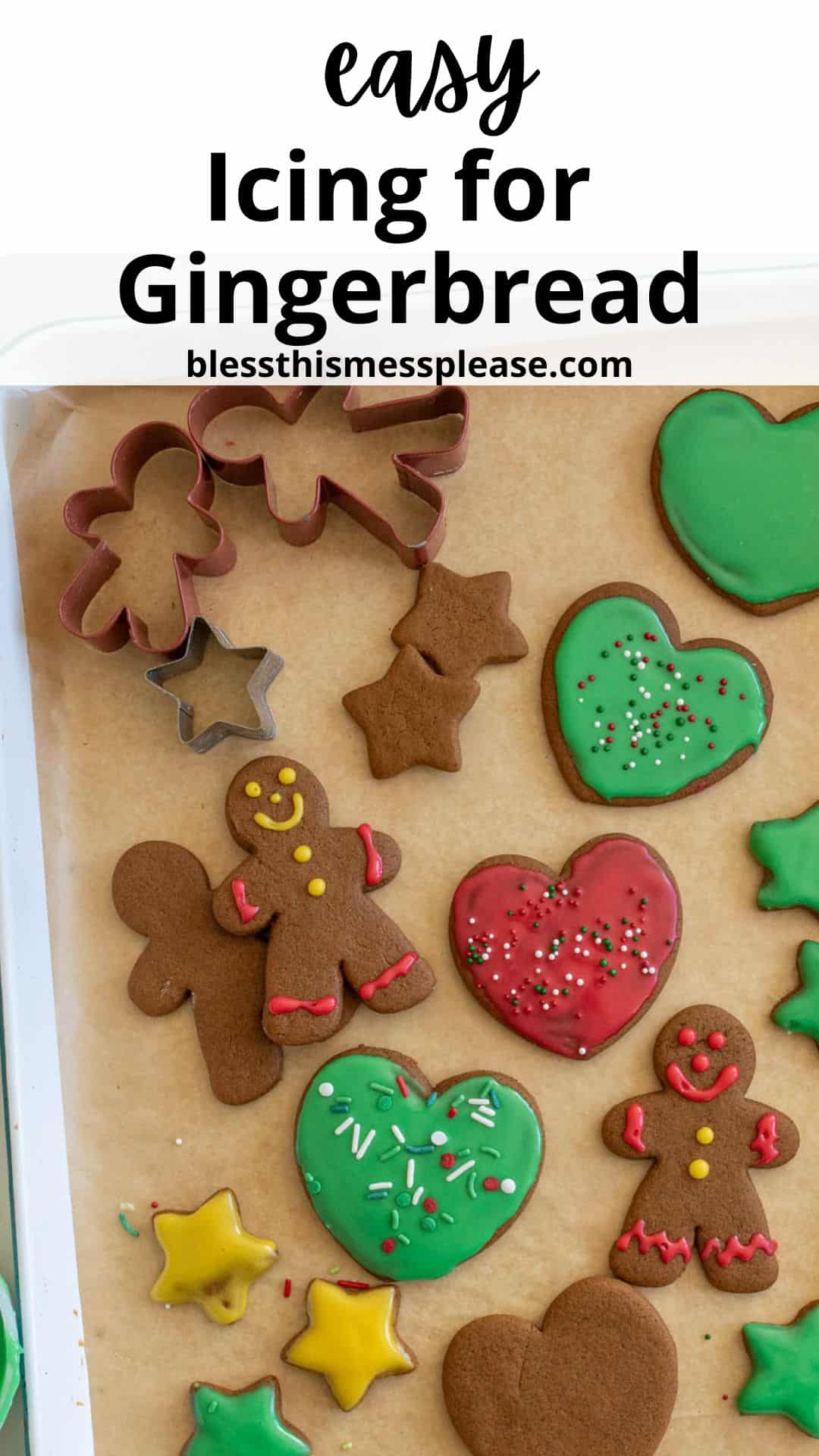 A tray of gingerbread cookies decorated with green and red icing, featuring star and heart shapes, and cookie cutters. Some cookies have sprinkles, and theres a text reading easy Icing for Gingerbread at the top.