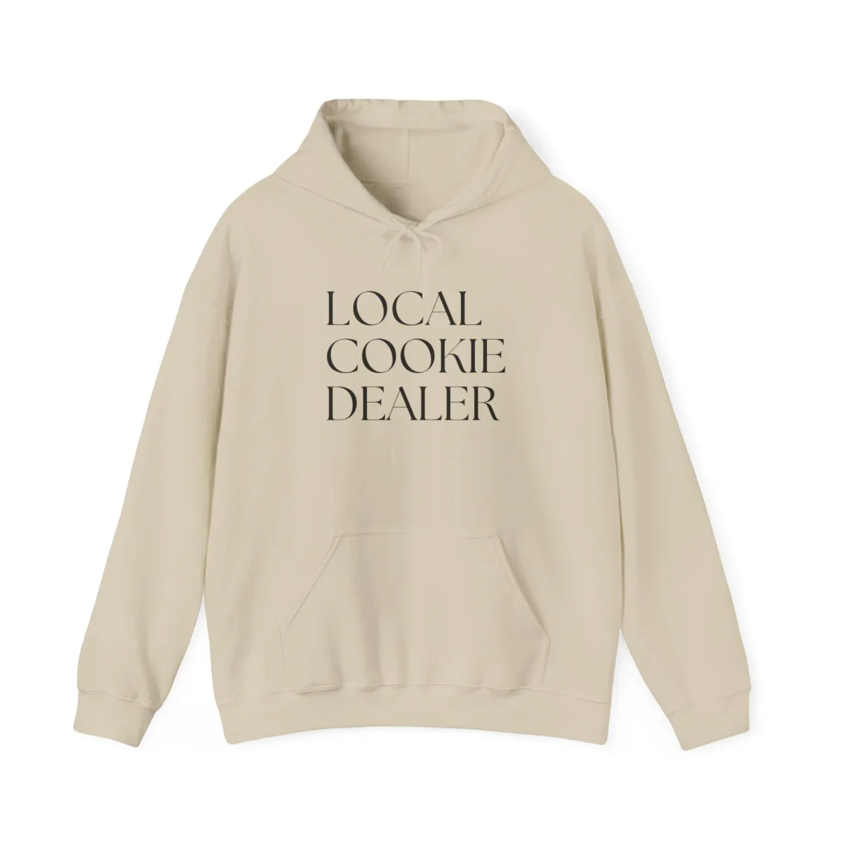 Beige hoodie with LOCAL COOKIE DEALER printed in bold black letters on the front. The hoodie features a front pocket and adjustable drawstrings at the hood.