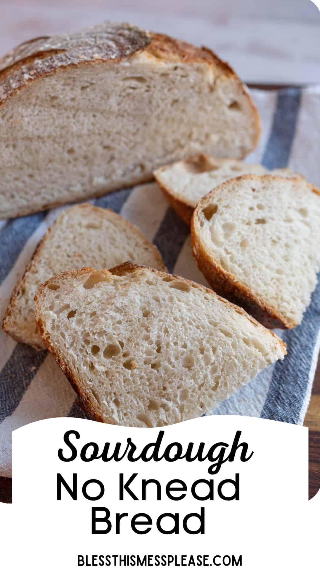 pin with round sourdough loaf and words sourdough no knead bread.