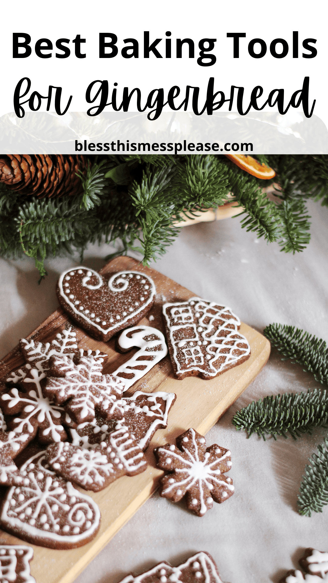 Gingerbread cookies with white icing are beautifully arranged on a wooden board surrounded by festive greenery, showcasing various shapes like hearts, stars, and houses. Discover the best baking tools for gingerbread to create these delightful treats at home.