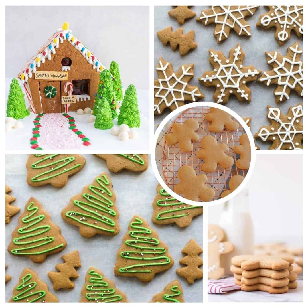 Image for gingerbread recipes with a gingerbread house decorated with candies is surrounded by various gingerbread cookies: snowflakes with icing, Christmas trees with green frosting, and plain gingerbread men. A stack of cookies and a bottle of milk are in the background.