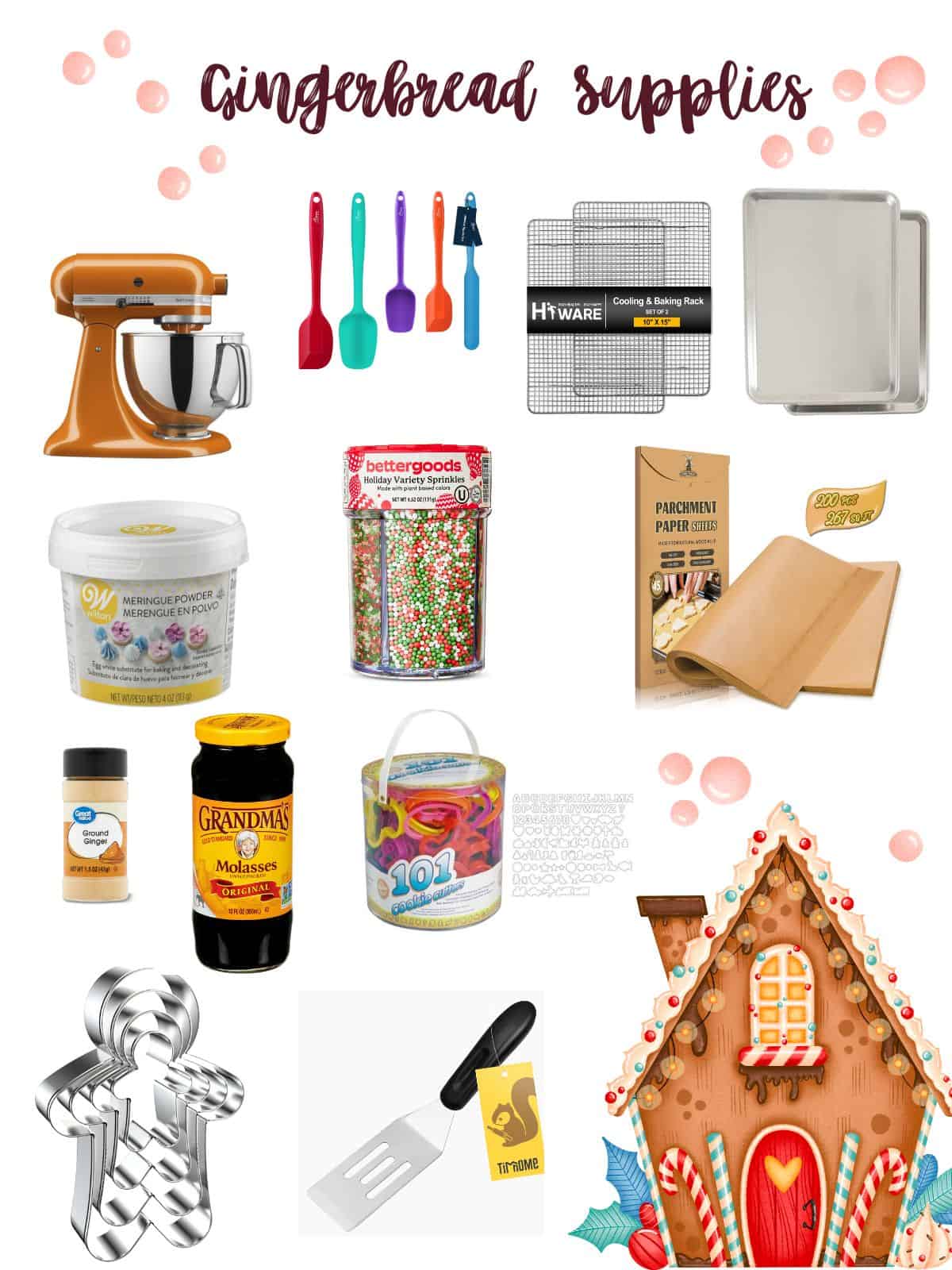 Collage of gingerbread baking supplies for the best gingerbread recipes, including a stand mixer, spatulas, cooling rack, baking sheets, sprinkles, dough container, parchment paper, spices, molasses, cookie cutters, spatula, and a gingerbread house. Gingerbread supplies text at the top.