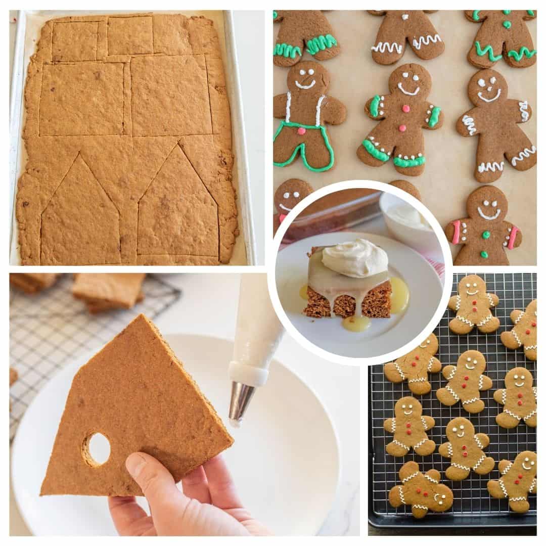 A collage of gingerbread creation steps: baked sheets cut into house pieces, decorating gingerbread people with icing, hand holding a roof piece, a slice on a plate with cream, and finished gingerbread cookies on a cooling rack.