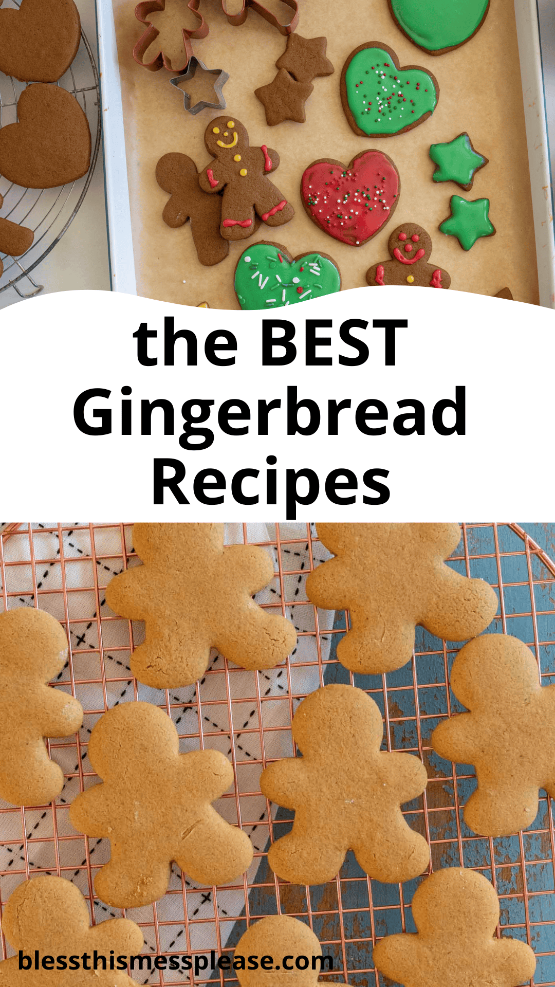 Two trays of gingerbread cookies: one with decorated figures and stars, the other showcasing plain gingerbread shapes. Between them, a bold claim stands: discover the best gingerbread recipes.