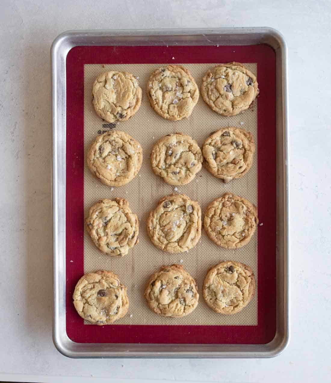 A baking tray with twelve freshly baked chocolate chip cookies on a silicone mat. The cookies are evenly spaced, golden brown, and have visible chocolate chips. The tray is set on a light countertop.