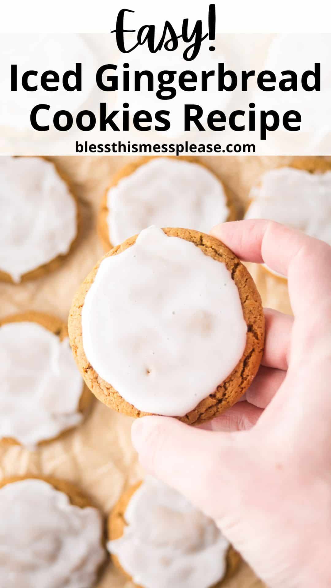 A hand holding a gingerbread cookie topped with white icing. Several similar cookies are placed on parchment paper in the background. The text above reads, Easy! Iced Gingerbread Cookies Recipe, and blessthismessplease.com.